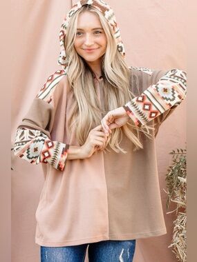 And The Why Printed Color Block Hooded Waffle Top